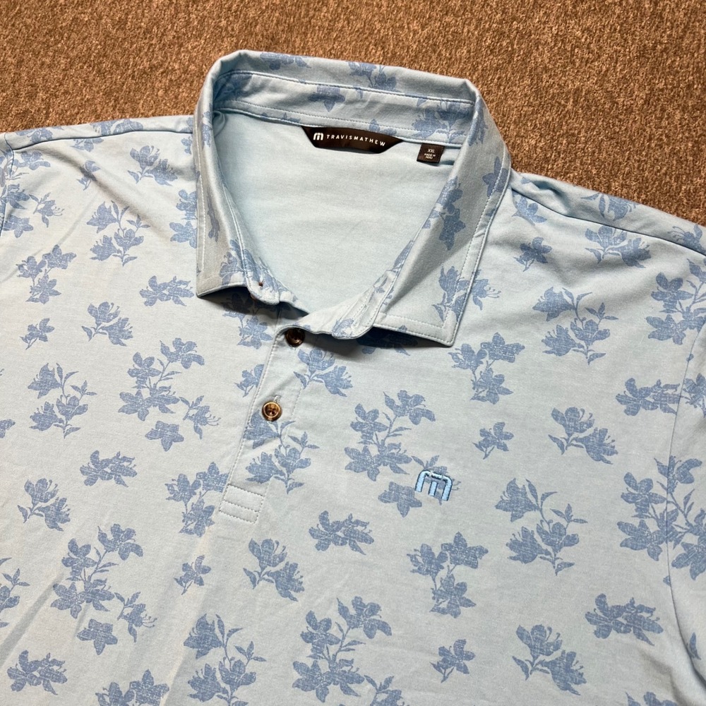TravisMathew Mens XXL Light Blue Floral Print Performance Golf Polo Shirt 000